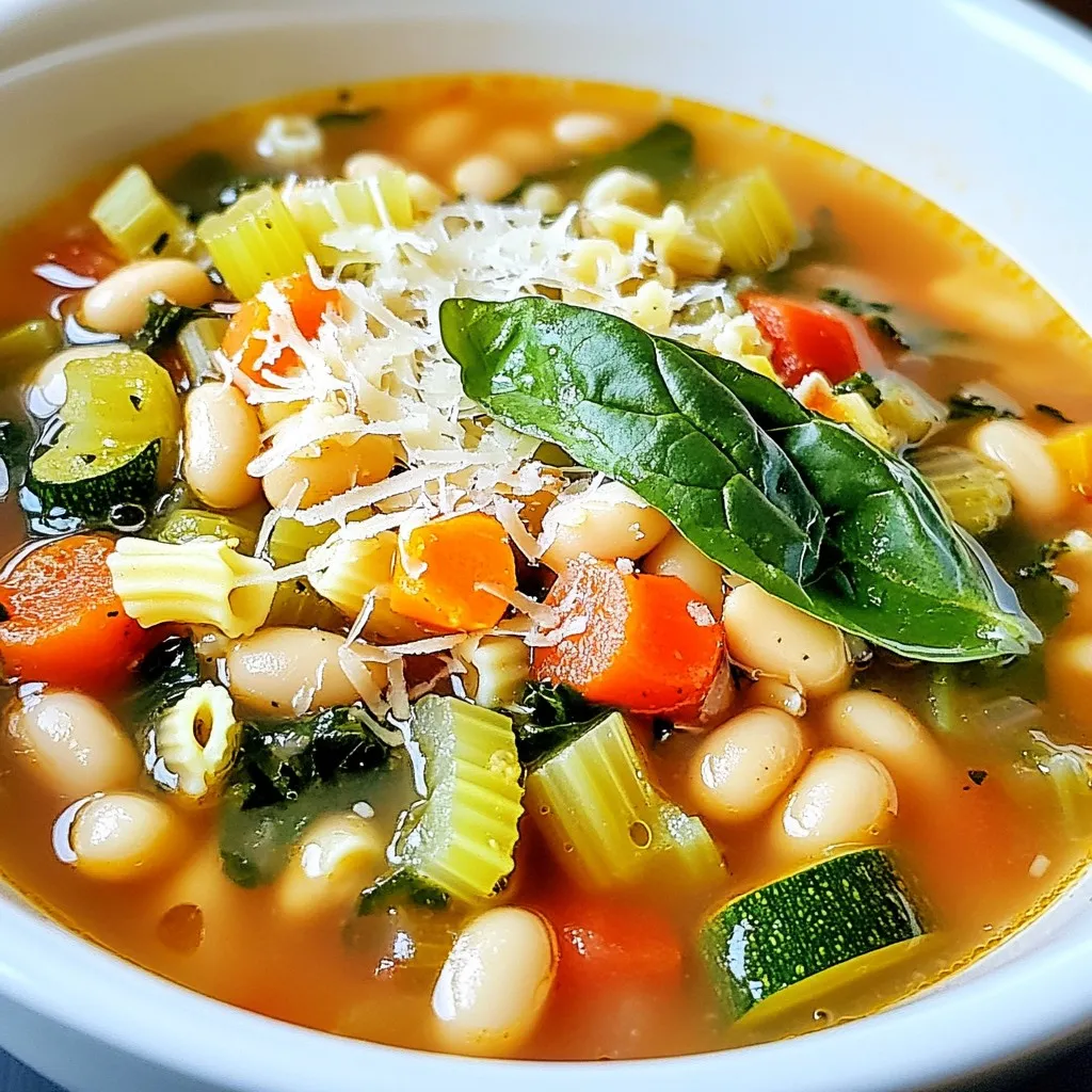 - 1 tablespoon olive oil - 1 medium onion, diced - 2 cloves garlic, minced - 2 medium carrots, diced - 2 celery stalks, diced - 1 zucchini, diced - 1 cup green beans, chopped - 1 can (14 oz) diced tomatoes - 4 cups vegetable broth - 1 cup cannellini beans, drained and rinsed - 1 cup pasta (like small shells or ditalini) - 2 cups fresh spinach - 1 teaspoon dried oregano - 1 teaspoon dried basil - Salt and pepper to taste - Grated Parmesan cheese (for serving, optional) When I create Veggie Loaded Minestrone Soup, I always start with fresh ingredients. The key is to pick vibrant vegetables. I love using onion and garlic as my base. They add a warm flavor that makes the soup inviting. I choose carrots and celery for their crunch. They bring texture and sweetness. A zucchini adds a soft bite, while green beans give a nice snap. The diced tomatoes and vegetable broth create a rich, savory broth that ties everything together. Cannellini beans add protein and creaminess. I like to use small pasta, as it cooks quickly and blends well with the veggies. Fresh spinach is my final touch. It adds a pop of color and vital nutrients. For seasoning, I rely on dried oregano and basil. They lift the flavors without overpowering the dish. Don't forget salt and pepper to balance everything. Optional grated Parmesan cheese on top adds a rich finish, making the soup even better. This blend of simple ingredients creates a nourishing and hearty meal. Each bite is packed with flavor and goodness. {{ingredient_image_1}} First, we need to build a strong flavor base for our soup. Start by heating 1 tablespoon of olive oil in a large pot over medium heat. Once hot, add the diced onion and minced garlic. Sauté them for about 3 to 5 minutes. You want the onion to turn soft and look translucent. This step adds depth to your soup. Next, we add the diced carrots and celery. These two veggies bring sweetness and crunch. Cook them for another 5 minutes, stirring now and then. This softens them and blends the flavors together. Now, it's time to layer in more veggies. Stir in the diced zucchini and chopped green beans. These will add color and nutrition. Cook for an extra 3 to 4 minutes. You want them to start softening but still maintain some crunch. Pour in 1 can of diced tomatoes with their juice and 4 cups of vegetable broth. This forms the heart of our soup. Bring the mixture to a gentle boil. Watch as the colors and scents come together! Once boiling, it's time to add the fun stuff! Toss in 1 cup of drained and rinsed cannellini beans, along with 1 cup of pasta. I like small shells or ditalini for this. Also, sprinkle in 1 teaspoon of dried oregano and 1 teaspoon of dried basil for extra flavor. Lower the heat to a simmer and cook for about 10 to 12 minutes, until the pasta is al dente. Just before serving, stir in 2 cups of fresh spinach. This adds vibrant color and nutrition. Season the soup with salt and pepper to your taste. Let the spinach wilt for about 2 minutes. Now, your Veggie Loaded Minestrone Soup is ready to serve! Enjoy it hot, and if you like, add a sprinkle of grated Parmesan cheese on top for a creamy finish. - Cooking Pasta Al Dente Cook your pasta just right. Al dente means firm to the bite. Overcooking makes pasta mushy. In this soup, add the pasta to the broth and beans. Cook it for about 10-12 minutes. The pasta should soak up the flavors without losing its shape. - Ensuring Vegetables Maintain Their Shape Keep your veggies crisp. When you cook them, do not overdo it. Start with the onion and garlic. Sauté them until soft. Then, add the carrots and celery. Cook for just a few minutes. Add zucchini and green beans next. They should stay bright and firm. This gives the soup a nice texture. - Recommended Seasonings Season your soup well for the best taste. Use dried oregano and basil. They add depth and warmth. Don’t forget salt and pepper to enhance all the flavors. Taste as you go. This way, you can adjust the seasonings to your liking. - Using Fresh vs. Dried Herbs Fresh herbs can brighten your soup. If you use fresh basil or oregano, add them at the end. Dried herbs work great too. They release flavor during cooking. Just remember, dried herbs are stronger. Use less than fresh ones. - Garnishing with Parmesan Cheese For a lovely finish, sprinkle grated Parmesan cheese on top. It adds creaminess and a savory flavor. The cheese melts slightly, making each bite delicious. - Serving Suggestions Serve your minestrone with crusty bread. It’s perfect for dipping. You can also add a side salad for a fresh touch. This soup warms you up and fills you up. Enjoy it with family or friends for a cozy meal. Pro Tips Fresh Ingredients: Use the freshest vegetables you can find for the best flavor and nutrition in your soup. Adjust the Broth: If you like a thicker soup, reduce the amount of broth, or add more vegetables and beans for a heartier texture. Herb Variations: Feel free to experiment with different herbs such as thyme, rosemary, or parsley for added depth of flavor. Make Ahead: This soup stores well in the fridge for a few days and can also be frozen for up to three months, making it a great meal prep option. {{image_2}} You can swap ingredients easily in this soup. If you don’t like cannellini beans, try kidney or black beans. Both add great flavor and texture. Need a veggie change? Bell peppers or peas work well in place of green beans. They bring a sweet crunch. If gluten is a concern, choose gluten-free pasta. Many brands make options from rice or quinoa. They hold up well in soup and taste great. To spice things up, add red pepper flakes or a dash of hot sauce. This will give your soup a warm kick. If you prefer mild flavors, skip the heat. Herbs can also change the taste. Add fresh parsley or thyme for brightness. If you enjoy a strong flavor, try rosemary. Just remember, a little goes a long way. Want this soup to fill you up more? Add some protein! Chicken or sausage can be tasty options. Just cook them first and add them when you add the beans. Tofu is a great plant-based choice. Cube it and add it with the veggies. For even more heartiness, mix in grains like quinoa or farro. They add texture and make the soup more filling. To store leftover veggie loaded minestrone soup, let it cool first. Place the soup in an airtight container. It can stay fresh in the fridge for about 3 to 5 days. When you want to enjoy it again, just reheat it. For best results, reheat your soup on the stove. Pour the soup into a pot and heat over medium. Stir it well to ensure even warming. You can also use the microwave. Just heat in short bursts to avoid hot spots. To freeze minestrone soup, let it cool completely. Use freezer-safe containers or bags. Leave some space at the top, as the soup will expand when frozen. When you want to thaw it, remove the soup from the freezer. Place it in the fridge overnight. For a quicker method, you can use cold water. Just submerge the bag in water until it softens. This soup can last in the freezer for up to 3 months. After that, the taste may fade. Always label your containers with the date. The best methods for reheating are the stove or microwave. On the stove, heat gently and stir often. If using a microwave, cover the bowl to trap steam. After thawing, the soup may be thicker than you like. Add a splash of vegetable broth or water. Stir well to reach your desired consistency. Enjoy your tasty and warm soup! Veggie Loaded Minestrone Soup can last for about 3 to 5 days in the fridge. Store it in an airtight container to keep it fresh. Make sure to let the soup cool down before sealing it. This helps prevent moisture buildup. If you notice any off smells or changes in color, it’s best to toss it. Yes, you can make this soup in advance. It’s perfect for meal prep. You can cook a big batch and store it for later. Just let it cool, then pour it into containers. This soup tastes even better the next day, as the flavors blend more. Reheat it on the stove or in the microwave when you’re ready to eat. Minestrone Soup pairs well with many sides. Here are some ideas: - Crusty bread for dipping - Garlic bread for a tasty twist - A fresh salad for crunch - Grated Parmesan cheese on top for extra flavor These sides enhance the meal and make it even more enjoyable. Minestrone soup is a simple dish packed with flavor and nutrition. We covered essential ingredients, step-by-step instructions, and helpful tips to make it perfect. You can customize it with your favorite veggies, beans, or proteins to fit your taste. Don't forget about storage tips to enjoy leftovers. This soup is more than just a meal; it’s a canvas for your creativity. Now, gather your ingredients and start creating your own delicious bowl of minestrone today!