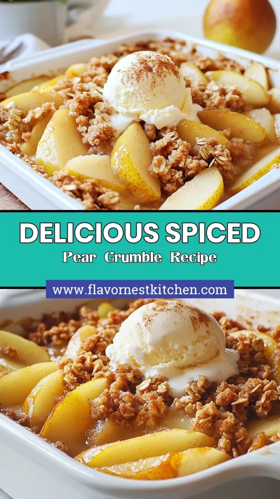 Indulge in this delicious spiced pear crumble recipe, the ultimate easy pear dessert that combines sweet pears with a warm cinnamon nutmeg crumble. Perfect for a cozy evening, this is the best pear dessert you’ll ever make! With rolled oats and optional walnuts, this homemade crumble with oats is sure to impress. Try it today and serve warm with ice cream! Save this recipe for later! #SpicedPearCrumble #EasyDessert #CrumbleRecipe #PearDessert