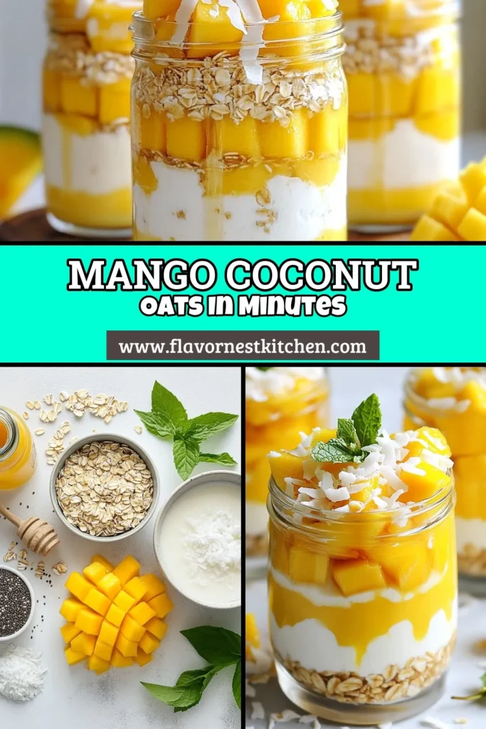 Indulge in a tropical breakfast with these Mango Coconut Overnight Oats! This quick healthy breakfast combines rolled oats, creamy coconut milk, and sweet mango for a delightful start to your day. Perfect for meal prep, this coconut milk oats recipe is filled with chia seed oatmeal goodness. Enjoy a refreshing, guilt-free treat every morning. Make your mornings easier and save this recipe for your next breakfast! #MangoOvernightOats #TropicalBreakfastIdeas #ChiaSeedOatmeal #CoconutMilkOatsRecipe