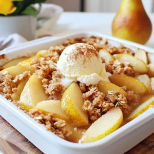 - 4 ripe pears, peeled and sliced - 1 teaspoon ground cinnamon - 1/2 teaspoon ground nutmeg - 1 tablespoon lemon juice - 3/4 cup rolled oats - 1/2 cup all-purpose flour - 1/2 cup brown sugar - 1/4 cup granulated sugar - 1/2 teaspoon salt - 1/2 cup unsalted butter, melted - 1/4 cup chopped walnuts (optional) - Vanilla ice cream, for serving (optional) To create this spiced pear crumble, you want to start with the right pears. Ripe pears work best since they are sweet and soft. I love using Bartlett or Anjou pears for their juicy flavor. You can adjust the spices to your taste. If you like more warmth, add extra cinnamon or nutmeg. The lemon juice adds brightness and keeps the pears from browning. For the crumble topping, rolled oats give a nice texture. You can use all-purpose flour or switch to gluten-free flour if needed. Brown sugar gives a deeper flavor, while granulated sugar adds sweetness. Melted butter pulls it all together, making the topping crumbly and delicious. If you want a nutty crunch, add walnuts. They are optional, but I think they add great flavor. Don't forget the vanilla ice cream! It pairs perfectly with the warm crumble. {{ingredient_image_1}} 1. Preheat the oven and prepare baking dish Start by preheating your oven to 350°F (175°C). This helps the crumble cook evenly. Grease an 8x8 inch baking dish with a bit of butter or cooking spray. This will keep the crumble from sticking. 2. Combine pears with spices and lemon juice In a large bowl, add the sliced pears. Sprinkle in 1 teaspoon of ground cinnamon and 1/2 teaspoon of ground nutmeg. Then, pour in 1 tablespoon of lemon juice. Mix everything well. Let it sit for a few minutes. This helps the pears soak in the flavors. 3. Make the crumble topping In another bowl, mix together 3/4 cup of rolled oats, 1/2 cup of all-purpose flour, 1/2 cup of brown sugar, 1/4 cup of granulated sugar, and 1/2 teaspoon of salt. Pour in 1/2 cup of melted unsalted butter. Stir until it gets crumbly. If you like, add 1/4 cup of chopped walnuts for extra crunch. 1. Assemble the dish with pears and crumble Spread the spiced pear mixture evenly in your greased baking dish. Make sure the pears cover the bottom well. Then, take the crumble topping and evenly sprinkle it over the pears. 2. Bake in the preheated oven Place the dish in your oven. Bake for 30 to 35 minutes. Watch for a golden brown topping and bubbling pears. This shows it is ready. 3. Cooling and serving preparation When the crumble is finished baking, take it out of the oven. Let it cool for a few minutes before serving. This will help the flavors settle. Serve warm, and if you want, add a scoop of vanilla ice cream on top for a sweet treat. - Choosing the right pears: Use ripe pears for the best flavor. Look for Bosc or Anjou pears. They hold their shape well during baking and add nice sweetness. Avoid overly soft pears; they can turn mushy. - Adjusting spice levels for personal taste: If you love warmth, add more cinnamon or nutmeg. Start with the given amounts and taste. You can always add a little more spice. Make it your own! - Best accompaniments: A scoop of vanilla ice cream pairs perfectly with warm spiced pear crumble. The cold ice cream melts into the warm crumble, creating a delightful mix. You can also try whipped cream for a lighter option. - Presentation tips for serving: Serve in individual bowls for a nice touch. Dust a little extra cinnamon on top for a pop of color. You can also add a sprig of mint for freshness. This makes your dish look even more inviting! Pro Tips Choose the Right Pears: For the best flavor and texture, opt for ripe, sweet pears like Bartlett or Bosc. They hold up well during baking and offer a delicious sweetness. Enhance Flavor with Spices: Feel free to experiment with additional spices like allspice or ginger for a unique twist. Just a pinch can elevate the overall flavor profile. Make Ahead for Convenience: You can prepare the pear filling and crumble topping separately in advance. Just assemble and bake when you’re ready to serve. Serving Suggestions: Pair the crumble with a dollop of whipped cream or a drizzle of caramel sauce for an extra touch of decadence. A sprinkle of sea salt can also enhance the sweetness! {{image_2}} You can make your spiced pear crumble even better! Here are some fun ideas: - Adding Other Fruits: You can mix in apples or berries. Apples give a nice crunch. Berries add a sweet burst. Try a mix for a fruity delight! - Alternative Nuts or Seeds for Topping: Instead of walnuts, use pecans or almonds. You can also try sunflower seeds or pumpkin seeds. They add a tasty crunch and different flavors. Want to make your crumble fit your diet? Here are some easy swaps: - Gluten-Free Options for Flour: Use almond flour or oat flour instead of all-purpose flour. This keeps the crumble tasty and gluten-free! - Vegan Options for Butter and Ice Cream: Swap out butter for coconut oil or vegan butter. For ice cream, try dairy-free options like coconut or almond milk ice cream. They taste great and keep the dessert vegan! To keep your spiced pear crumble fresh, use these tips: - Refrigeration: Allow the crumble to cool completely. Cover it well with plastic wrap or aluminum foil. It stays good in the fridge for 3 to 5 days. - Freezing: If you want to store it longer, freeze the crumble. Wrap it tightly in plastic wrap, then place it in a freezer-safe bag. It can last up to 3 months in the freezer. When you're ready to enjoy leftovers, follow these steps: - Oven Method: Preheat your oven to 350°F (175°C). Place the crumble in an oven-safe dish. Cover it with foil to keep it moist. Heat for about 15-20 minutes. Remove the foil and bake for an additional 5 minutes for a crisp topping. - Microwave Method: If you need a quick option, use the microwave. Place a slice on a plate and cover it with a damp paper towel. Heat for 30 seconds to 1 minute, checking to prevent overheating. These methods ensure your spiced pear crumble stays tasty and inviting! Can I use other fruits instead of pears? Yes, you can! Apples, peaches, or berries work well. Each fruit gives a unique flavor. I love mixing fruits for more taste. How long does it last in the fridge? Spiced pear crumble lasts about three to four days in the fridge. Make sure to cover it well. This keeps it fresh and tasty. Is it possible to make it ahead of time? You can prepare the crumble ahead. Just store the topping and fruit mix separately. Assemble them before baking. This saves time for busy days. What can I use instead of granulated sugar? You can use honey or maple syrup as sweeteners. They add a nice flavor. Adjust the amount to your taste. Can I prepare the crumble topping in advance? Absolutely! You can make the crumble topping a day before. Just keep it in the fridge. This makes baking quick and fun. In this blog post, we covered the essentials for making a delicious spiced pear crumble. You learned about the ingredients, the step-by-step preparation, and tips for the perfect dish. We also explored variations to customize your crumble and storage techniques for leftovers. Overall, this dessert is simple yet satisfying. Enjoy your baking and feel free to get creative with flavors. A warm slice with a scoop of vanilla ice cream is hard to beat!