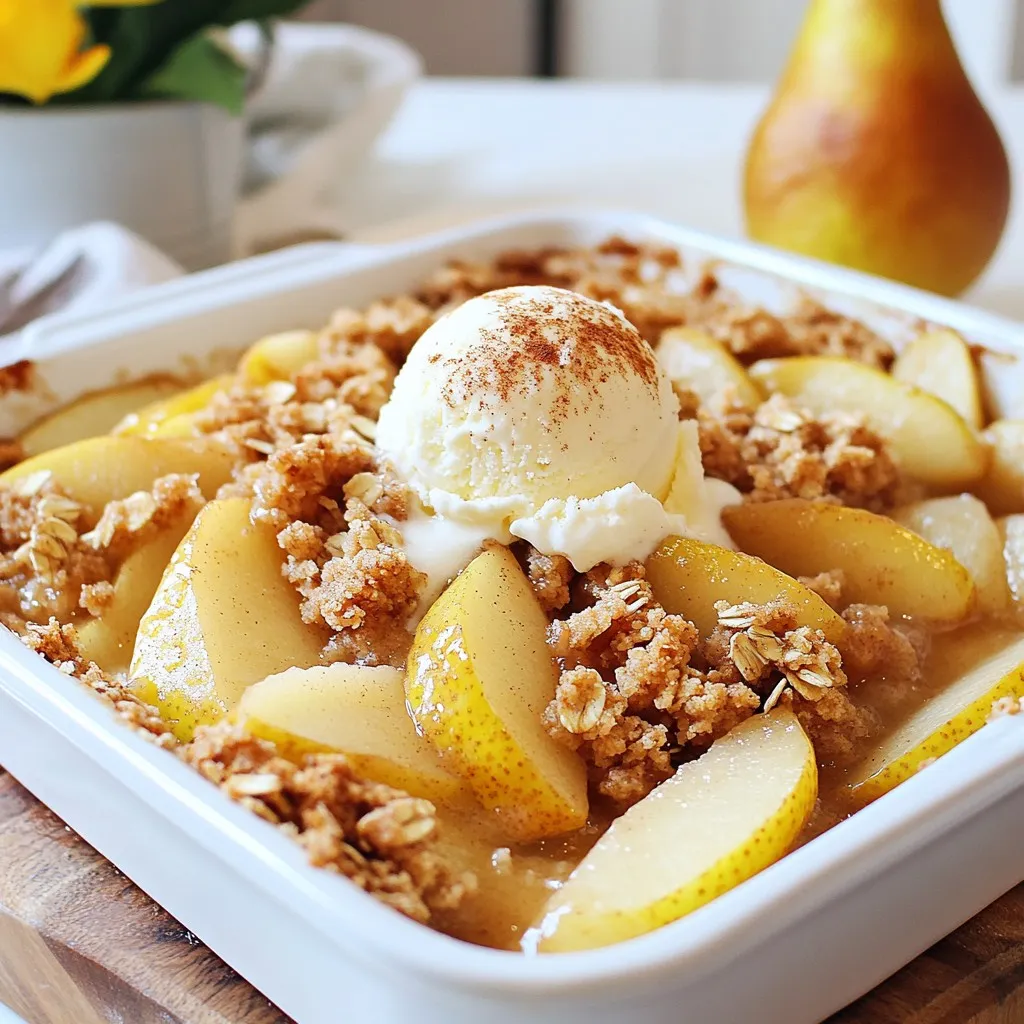 - 4 ripe pears, peeled and sliced - 1 teaspoon ground cinnamon - 1/2 teaspoon ground nutmeg - 1 tablespoon lemon juice - 3/4 cup rolled oats - 1/2 cup all-purpose flour - 1/2 cup brown sugar - 1/4 cup granulated sugar - 1/2 teaspoon salt - 1/2 cup unsalted butter, melted - 1/4 cup chopped walnuts (optional) - Vanilla ice cream, for serving (optional) To create this spiced pear crumble, you want to start with the right pears. Ripe pears work best since they are sweet and soft. I love using Bartlett or Anjou pears for their juicy flavor. You can adjust the spices to your taste. If you like more warmth, add extra cinnamon or nutmeg. The lemon juice adds brightness and keeps the pears from browning. For the crumble topping, rolled oats give a nice texture. You can use all-purpose flour or switch to gluten-free flour if needed. Brown sugar gives a deeper flavor, while granulated sugar adds sweetness. Melted butter pulls it all together, making the topping crumbly and delicious. If you want a nutty crunch, add walnuts. They are optional, but I think they add great flavor. Don't forget the vanilla ice cream! It pairs perfectly with the warm crumble. {{ingredient_image_1}} 1. Preheat the oven and prepare baking dish Start by preheating your oven to 350°F (175°C). This helps the crumble cook evenly. Grease an 8x8 inch baking dish with a bit of butter or cooking spray. This will keep the crumble from sticking. 2. Combine pears with spices and lemon juice In a large bowl, add the sliced pears. Sprinkle in 1 teaspoon of ground cinnamon and 1/2 teaspoon of ground nutmeg. Then, pour in 1 tablespoon of lemon juice. Mix everything well. Let it sit for a few minutes. This helps the pears soak in the flavors. 3. Make the crumble topping In another bowl, mix together 3/4 cup of rolled oats, 1/2 cup of all-purpose flour, 1/2 cup of brown sugar, 1/4 cup of granulated sugar, and 1/2 teaspoon of salt. Pour in 1/2 cup of melted unsalted butter. Stir until it gets crumbly. If you like, add 1/4 cup of chopped walnuts for extra crunch. 1. Assemble the dish with pears and crumble Spread the spiced pear mixture evenly in your greased baking dish. Make sure the pears cover the bottom well. Then, take the crumble topping and evenly sprinkle it over the pears. 2. Bake in the preheated oven Place the dish in your oven. Bake for 30 to 35 minutes. Watch for a golden brown topping and bubbling pears. This shows it is ready. 3. Cooling and serving preparation When the crumble is finished baking, take it out of the oven. Let it cool for a few minutes before serving. This will help the flavors settle. Serve warm, and if you want, add a scoop of vanilla ice cream on top for a sweet treat. - Choosing the right pears: Use ripe pears for the best flavor. Look for Bosc or Anjou pears. They hold their shape well during baking and add nice sweetness. Avoid overly soft pears; they can turn mushy. - Adjusting spice levels for personal taste: If you love warmth, add more cinnamon or nutmeg. Start with the given amounts and taste. You can always add a little more spice. Make it your own! - Best accompaniments: A scoop of vanilla ice cream pairs perfectly with warm spiced pear crumble. The cold ice cream melts into the warm crumble, creating a delightful mix. You can also try whipped cream for a lighter option. - Presentation tips for serving: Serve in individual bowls for a nice touch. Dust a little extra cinnamon on top for a pop of color. You can also add a sprig of mint for freshness. This makes your dish look even more inviting! Pro Tips Choose the Right Pears: For the best flavor and texture, opt for ripe, sweet pears like Bartlett or Bosc. They hold up well during baking and offer a delicious sweetness. Enhance Flavor with Spices: Feel free to experiment with additional spices like allspice or ginger for a unique twist. Just a pinch can elevate the overall flavor profile. Make Ahead for Convenience: You can prepare the pear filling and crumble topping separately in advance. Just assemble and bake when you’re ready to serve. Serving Suggestions: Pair the crumble with a dollop of whipped cream or a drizzle of caramel sauce for an extra touch of decadence. A sprinkle of sea salt can also enhance the sweetness! {{image_2}} You can make your spiced pear crumble even better! Here are some fun ideas: - Adding Other Fruits: You can mix in apples or berries. Apples give a nice crunch. Berries add a sweet burst. Try a mix for a fruity delight! - Alternative Nuts or Seeds for Topping: Instead of walnuts, use pecans or almonds. You can also try sunflower seeds or pumpkin seeds. They add a tasty crunch and different flavors. Want to make your crumble fit your diet? Here are some easy swaps: - Gluten-Free Options for Flour: Use almond flour or oat flour instead of all-purpose flour. This keeps the crumble tasty and gluten-free! - Vegan Options for Butter and Ice Cream: Swap out butter for coconut oil or vegan butter. For ice cream, try dairy-free options like coconut or almond milk ice cream. They taste great and keep the dessert vegan! To keep your spiced pear crumble fresh, use these tips: - Refrigeration: Allow the crumble to cool completely. Cover it well with plastic wrap or aluminum foil. It stays good in the fridge for 3 to 5 days. - Freezing: If you want to store it longer, freeze the crumble. Wrap it tightly in plastic wrap, then place it in a freezer-safe bag. It can last up to 3 months in the freezer. When you're ready to enjoy leftovers, follow these steps: - Oven Method: Preheat your oven to 350°F (175°C). Place the crumble in an oven-safe dish. Cover it with foil to keep it moist. Heat for about 15-20 minutes. Remove the foil and bake for an additional 5 minutes for a crisp topping. - Microwave Method: If you need a quick option, use the microwave. Place a slice on a plate and cover it with a damp paper towel. Heat for 30 seconds to 1 minute, checking to prevent overheating. These methods ensure your spiced pear crumble stays tasty and inviting! Can I use other fruits instead of pears? Yes, you can! Apples, peaches, or berries work well. Each fruit gives a unique flavor. I love mixing fruits for more taste. How long does it last in the fridge? Spiced pear crumble lasts about three to four days in the fridge. Make sure to cover it well. This keeps it fresh and tasty. Is it possible to make it ahead of time? You can prepare the crumble ahead. Just store the topping and fruit mix separately. Assemble them before baking. This saves time for busy days. What can I use instead of granulated sugar? You can use honey or maple syrup as sweeteners. They add a nice flavor. Adjust the amount to your taste. Can I prepare the crumble topping in advance? Absolutely! You can make the crumble topping a day before. Just keep it in the fridge. This makes baking quick and fun. In this blog post, we covered the essentials for making a delicious spiced pear crumble. You learned about the ingredients, the step-by-step preparation, and tips for the perfect dish. We also explored variations to customize your crumble and storage techniques for leftovers. Overall, this dessert is simple yet satisfying. Enjoy your baking and feel free to get creative with flavors. A warm slice with a scoop of vanilla ice cream is hard to beat!