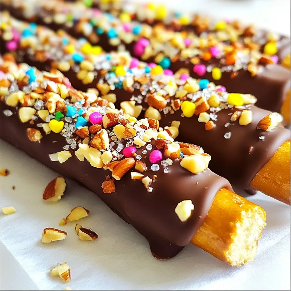 - 10 pretzel rods - 1 cup semi-sweet chocolate chips - 1 tablespoon coconut oil - 1/2 cup crushed nuts (almonds, pecans, walnuts) - 1/2 cup colorful sprinkles - Sea salt (for garnish) - Microwave-safe bowl - Baking sheet - Parchment paper The main ingredients make this treat a delight. Pretzel rods serve as the base. They give a great crunch and saltiness. Semi-sweet chocolate chips bring a rich, sweet flavor. The coconut oil adds shine and helps the chocolate melt smoothly. You can make this treat even more fun with optional toppings. Crushed nuts add texture and flavor. Colorful sprinkles make your pretzel rods pop with color. A sprinkle of sea salt enhances the sweet taste of the chocolate. For equipment, you only need a few simple items. A microwave-safe bowl helps melt the chocolate easily. A baking sheet catches any drips and holds your pretzel rods. Parchment paper keeps everything from sticking, making cleanup a breeze. Gather these items, and you’re ready to create a tasty snack! {{ingredient_image_1}} - Line a baking sheet with parchment paper. This helps prevent sticking. - Gather all ingredients: pretzel rods, chocolate chips, coconut oil, nuts, sprinkles, and sea salt. - In a microwave-safe bowl, combine chocolate chips and coconut oil. - Heat in 30-second intervals. Stir after each interval until smooth. - Hold a pretzel rod by one end. Dip it into the melted chocolate. - Coat about two-thirds of the rod. Let any excess chocolate drip off. - While the chocolate is still wet, sprinkle crushed nuts or colorful sprinkles on top. - Drizzle with any remaining chocolate for extra flair. - Place the dipped pretzel rods on the lined baking sheet. - Refrigerate for about 30 minutes, or until the chocolate is firm and set. To get a nice coat of chocolate, melting is key. Use a microwave-safe bowl. Combine semi-sweet chocolate chips and coconut oil. Heat in 30-second bursts. Stir in between each burst. This helps keep the chocolate smooth. If you rush, chocolate can clump. You want it to be thick but pourable. To keep your pretzel rods fresh, store them in an airtight container. They stay good for about a week. If you add toppings like nuts or sprinkles, do this before serving. This keeps them crunchy. If you put on toppings early, they may get soggy. These pretzel rods are great with snacks. Try pairing them with popcorn or fruit. For a fun touch, stand them in a cup. You can also arrange them on a pretty plate. Drizzle with extra chocolate for a nice look. Add a sprinkle of sea salt on top for a twist. Pro Tips Use Quality Chocolate: Opt for high-quality semi-sweet chocolate chips for a richer flavor and smoother finish. This will enhance the overall taste of your pretzel rods. Experiment with Toppings: Get creative with your toppings! Try using crushed cookies, coconut flakes, or even drizzling white chocolate for added flair and flavor. Keep Chocolate Warm: If the chocolate starts to harden while you’re coating the pretzel rods, reheat it in the microwave for a few seconds to keep it smooth and easy to work with. Store Properly: To keep your pretzel rods fresh, store them in an airtight container in a cool, dry place. Refrigeration can cause the chocolate to sweat. {{image_2}} You can choose between white chocolate and semi-sweet chocolate. White chocolate gives a sweet, creamy taste. Semi-sweet chocolate offers a rich, balanced flavor. Both are great for these pretzel rods. If you want more depth, add flavored extracts. Try vanilla or almond. Just a little goes a long way. Make your pretzel rods fit any occasion. Use holiday-themed sprinkles for a festive touch. Think red and green for Christmas or pastel colors for Easter. You can also create custom color schemes for birthday parties or events. Match the colors to your theme. This makes each rod unique and fun! For a healthier twist, use dark chocolate. It has less sugar and more antioxidants. Dark chocolate gives a bold flavor too. You can also add dried fruits or seeds. Chopped dried cherries or sunflower seeds work well. These add extra texture and nutrition to your treat. To keep your chocolate-covered pretzel rods fresh, store them in an airtight container. Place a layer of parchment paper between layers if you stack them. This helps to prevent sticking. Keep the container in a cool, dry place. Avoid sunlight and heat, as these can melt the chocolate. If stored properly, they can last about a week. You can freeze chocolate-covered pretzel rods for longer storage. First, let them cool completely. Then, wrap each rod in plastic wrap tightly. Place the wrapped rods in a freezer-safe bag or container. They can last up to three months in the freezer. When you’re ready to enjoy them, let them thaw in the fridge. This helps maintain their texture. Check for signs of spoilage before eating. If the chocolate looks white or dusty, this is called "bloom." It means the chocolate has lost some freshness, but it’s still safe to eat. If the pretzels are soft or stale, they may not taste good anymore. Sniff them; if they smell off, it’s best to throw them away. Always trust your senses when checking for freshness. To make chocolate-covered pretzel rods, follow these steps: 1. Line a baking sheet with parchment paper. 2. Melt semi-sweet chocolate chips with coconut oil in the microwave. 3. Dip each pretzel rod into the melted chocolate, covering about two-thirds. 4. Allow excess chocolate to drip off. 5. Add toppings like crushed nuts or sprinkles while the chocolate is still wet. 6. Place the coated pretzel on the lined baking sheet. 7. Refrigerate for about 30 minutes to set. Yes, you can use many types of chocolate! - White chocolate gives a sweet, creamy touch. - Dark chocolate adds a rich, bold flavor. - Flavored chocolate, like mint or orange, can add fun notes. Experiment to find your favorite! Chocolate-covered pretzel rods can last up to two weeks if stored well. - Keep them in an airtight container at room temperature. - If you live in a warm area, refrigerate them to keep the chocolate firm. You can use other oils if you don’t have coconut oil. - Vegetable oil works well but may alter the taste slightly. - Canola oil is another good choice for a neutral flavor. - Butter can also be used, but it may not give the same smoothness. Yes, chocolate-covered pretzel rods can be gluten-free! - Use gluten-free pretzel rods to ensure they meet dietary needs. - Always check the label on chocolate and toppings for gluten. Making them gluten-free is easy and delicious! You learned how to make chocolate-covered pretzel rods from scratch. We discussed the key ingredients like pretzel rods, chocolate chips, and coconut oil. Optional toppings and equipment needed were also covered. I shared tips for dipping, setting, and storing your treats. With these simple steps, you can create a tasty snack, perfect for any occasion. Enjoy experimenting with flavors and toppings to make them your own. Happy snacking!